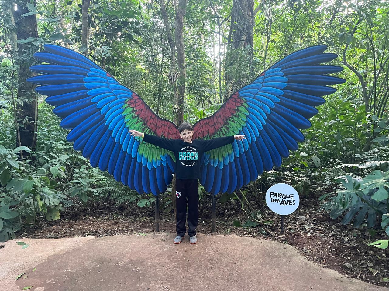 Diego de braços abertos na frente de grandes asas coloridas pintadas, no Parque das Aves
